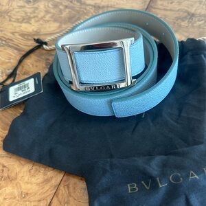 Bulgari Light Blue Leather Belt with Silver Buckle